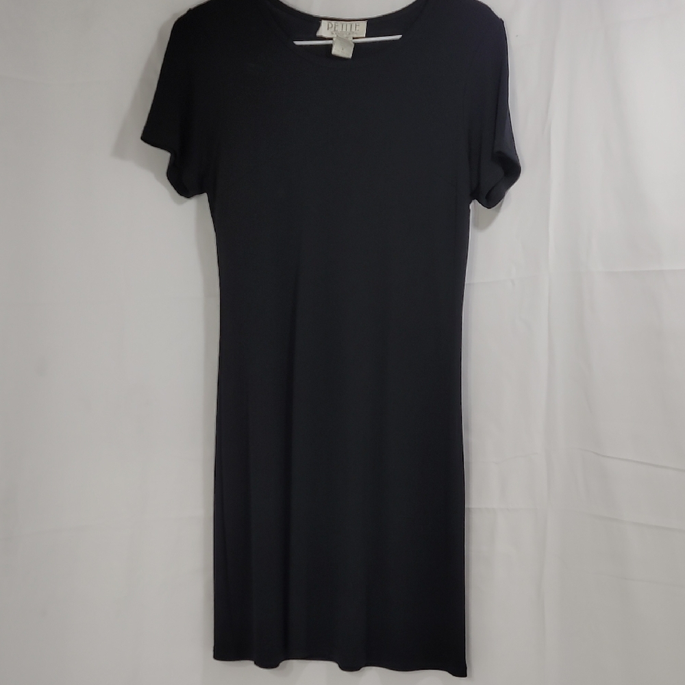 Petite Sophisticate Black Mini Sheath Dress Crew Neck
